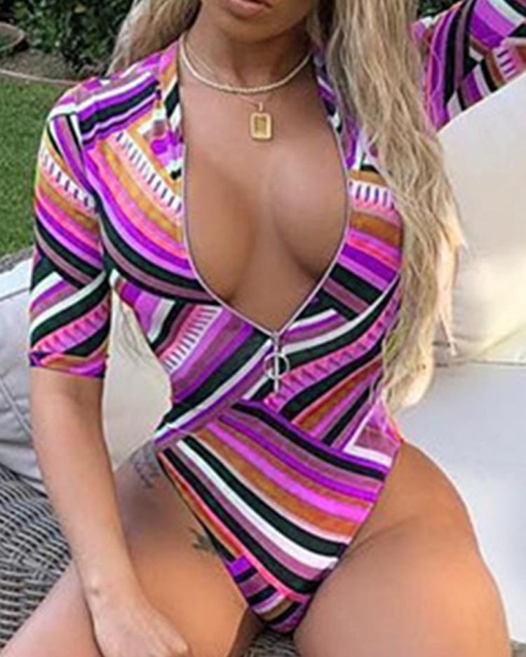 

Striped Zipper Front One Piece Swimsuit, Purple