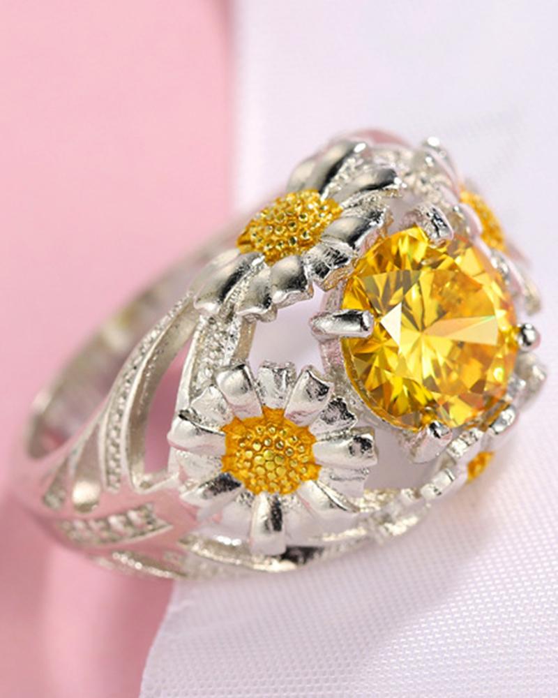 

1pc Sunflower Crystal Stone Hollow Out Ring, Yellow