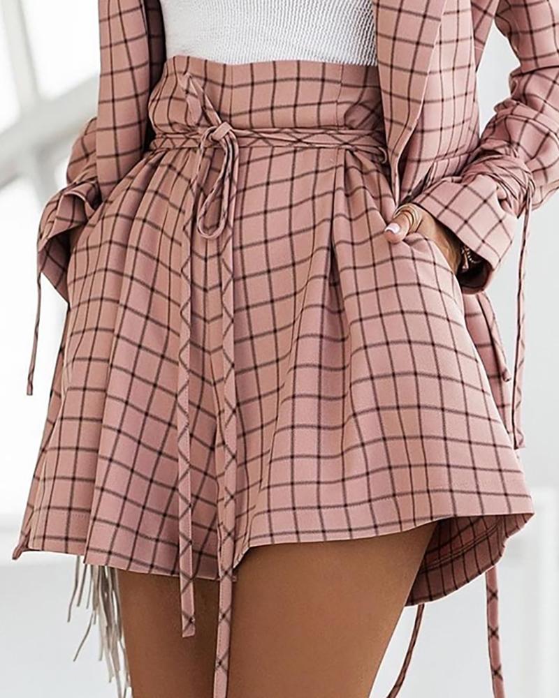 

Plaid Print Ruched Wide Leg Shorts, Pink