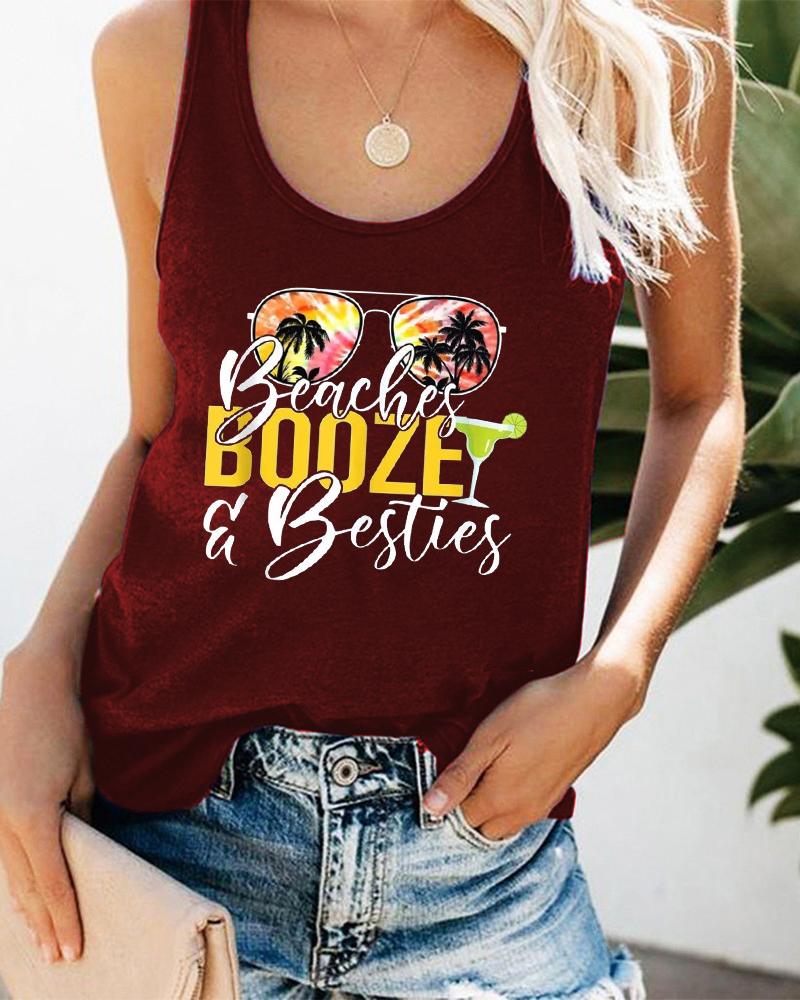 

Sunglasses Landscape Coconut Tree Letter Print Graphic Tee Summer Beach Vest Tank Top, Wine red