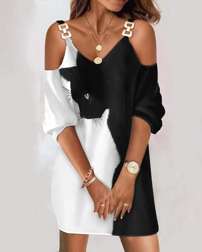 

Colorblock Cat Print Cold Shoulder Casual Dress, Blackwhite