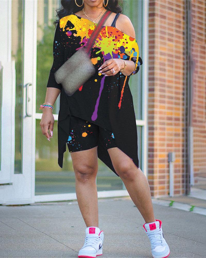 

Splash Ink Print Colorblock Long Sleeve Top & Shorts Set, Black