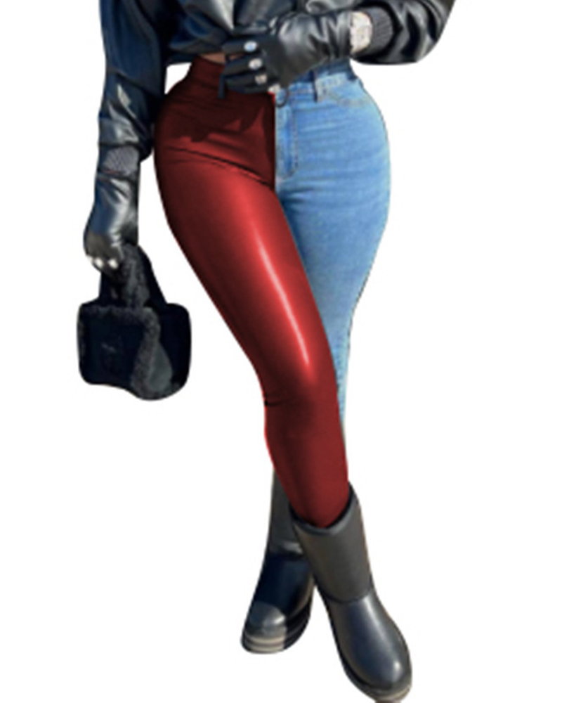 

PU Leather Patch Colorblock High Waist Jeans, Wine red