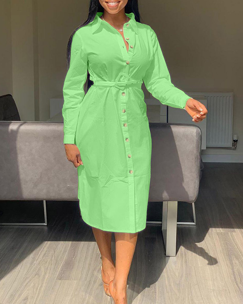 

Long Sleeve Buttoned Ruched Shirt Dress, Green