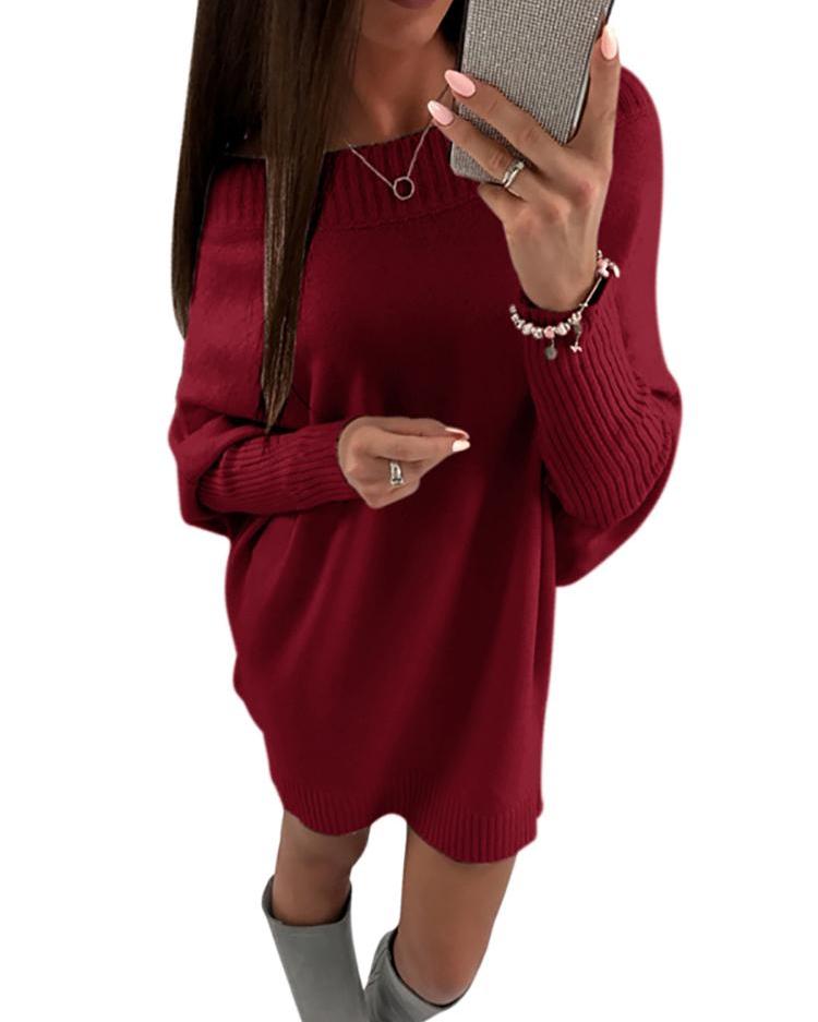 

Stylish Long Sleeve Solid Sweater Dress, Wine red