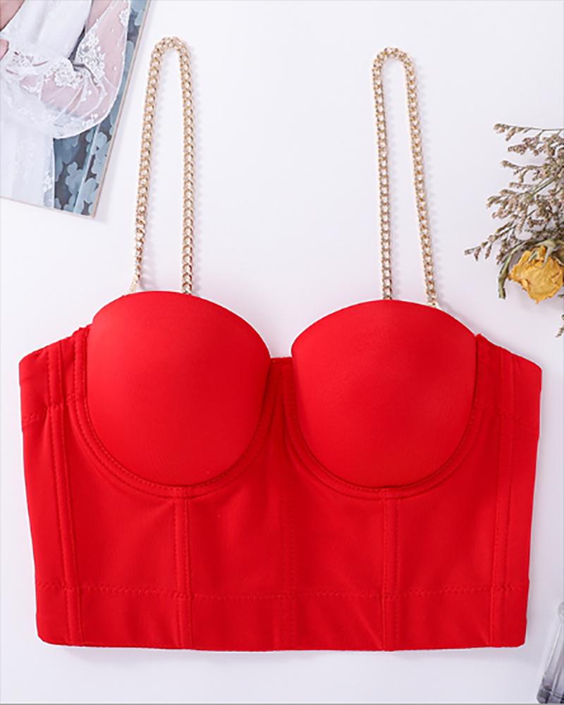 

Chain Strap V Neck Corset Crop Top, Red