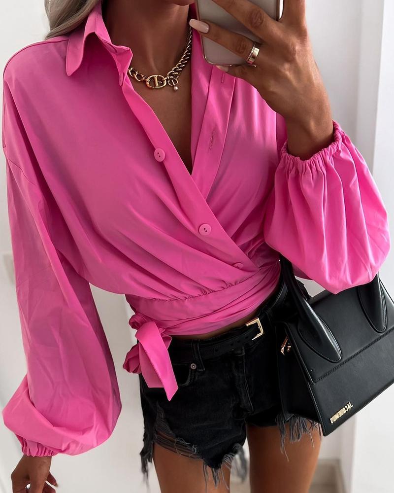 

Lantern Sleeve Buttoned Tied Detail Shirt, Hot pink