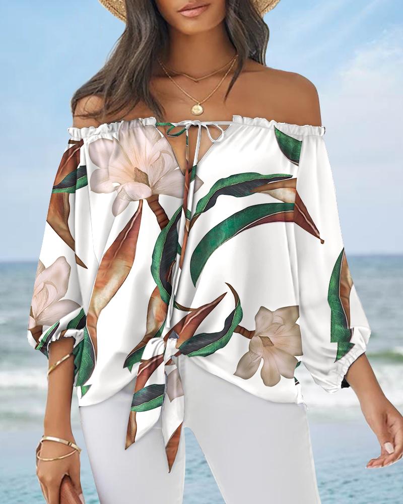 

Plants Print Tied Detail Off Shoulder Top, White