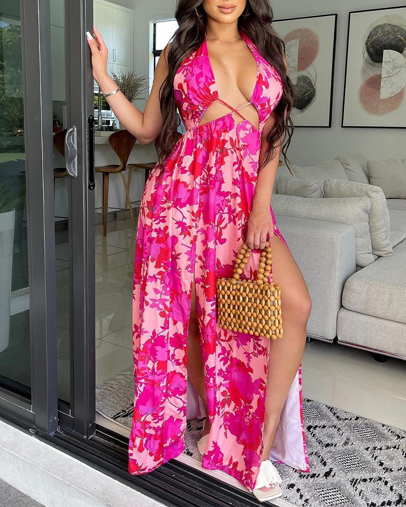 

Plants Print Crisscross Cutout High Slit Maxi Dress, Hot pink