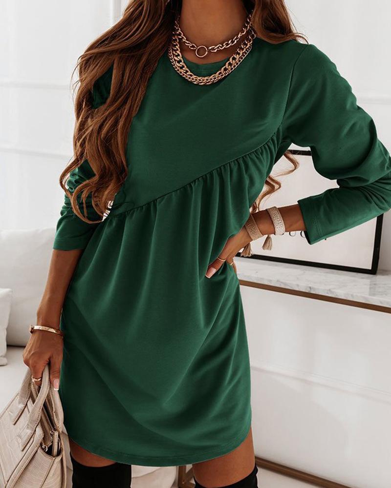 

O-neck Long Sleeve Ruched Casual Dress, Green