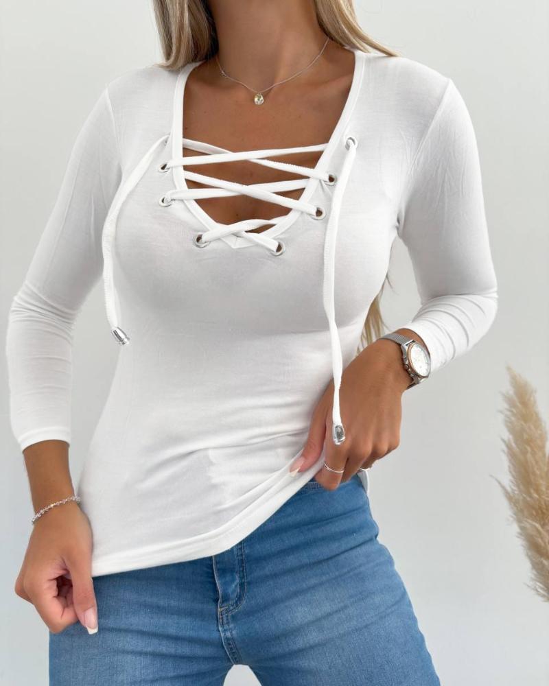

Lace-up Asymmetrical Neck Long Sleeve Top, White