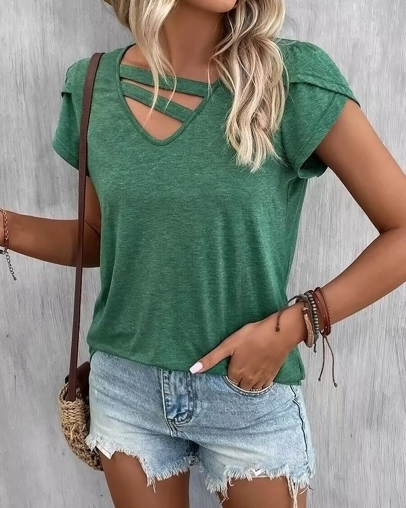 

V-Neck Cutout Petal Sleeve Top, Green