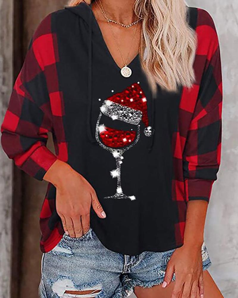 

Christmas Wine Glass Plaid Long Sleeve Hoodie, Black