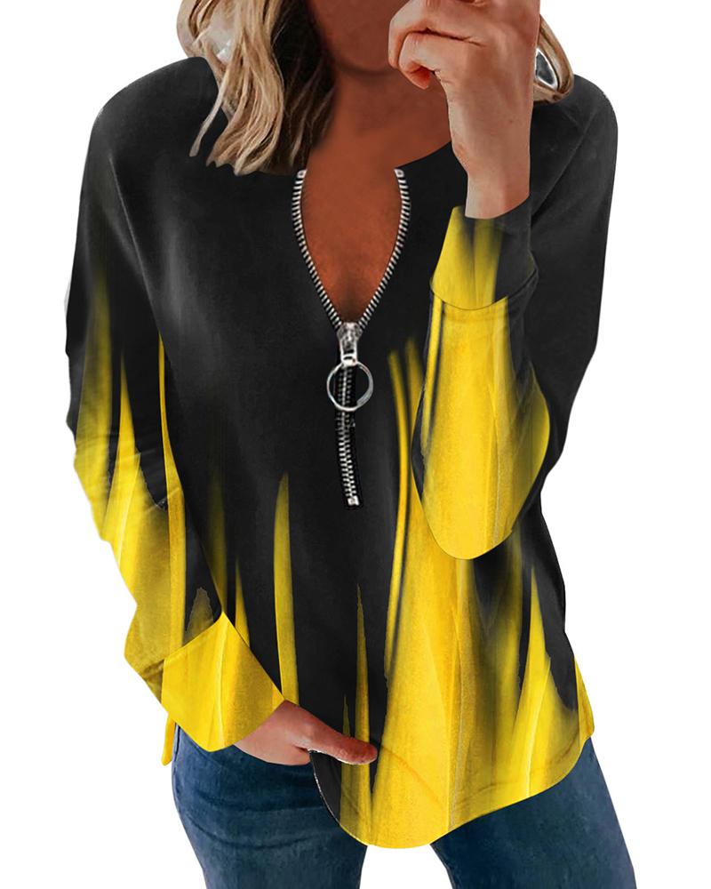 

Colorblock Zipper Design Long Sleeve Top Casual Loose Blouse, Yellow