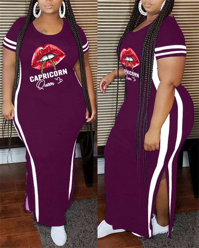 

Plus Size Lip Letter Print Split Hem Maxi Dress, Purple