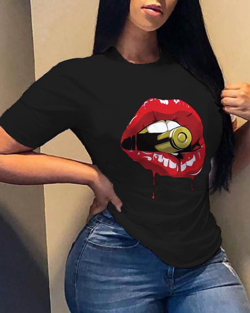 

Graphic Lip Print Short Sleeve Casual T-shirt, Black