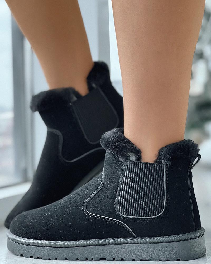 

Fuzzy Trim Suede Lined Snow Boots, Black