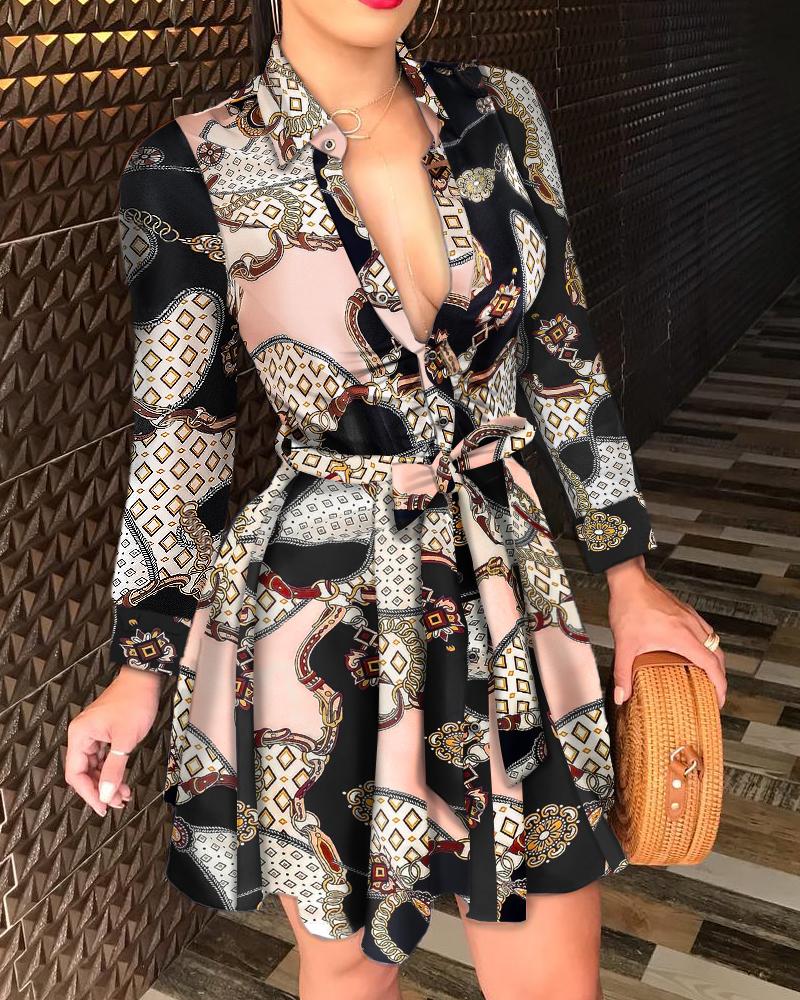 

Scarf Chain Print Buttoned Long Sleeve Women Shirt Dress, Multicolor