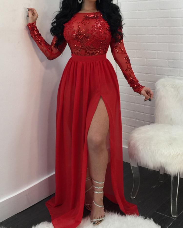 Vestido largo plisado de malla con lentejuelas transparentes