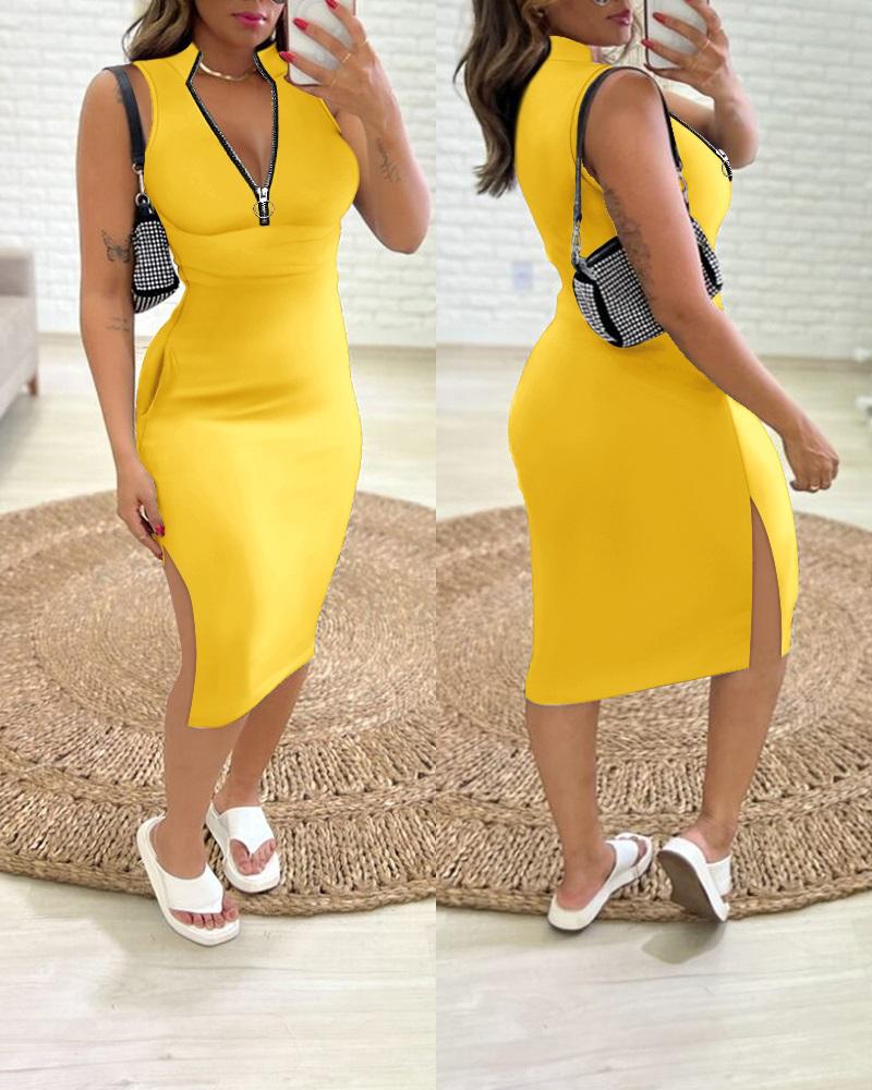 

Zipper Pocket Design Slit Bodycon Dress, Yellow