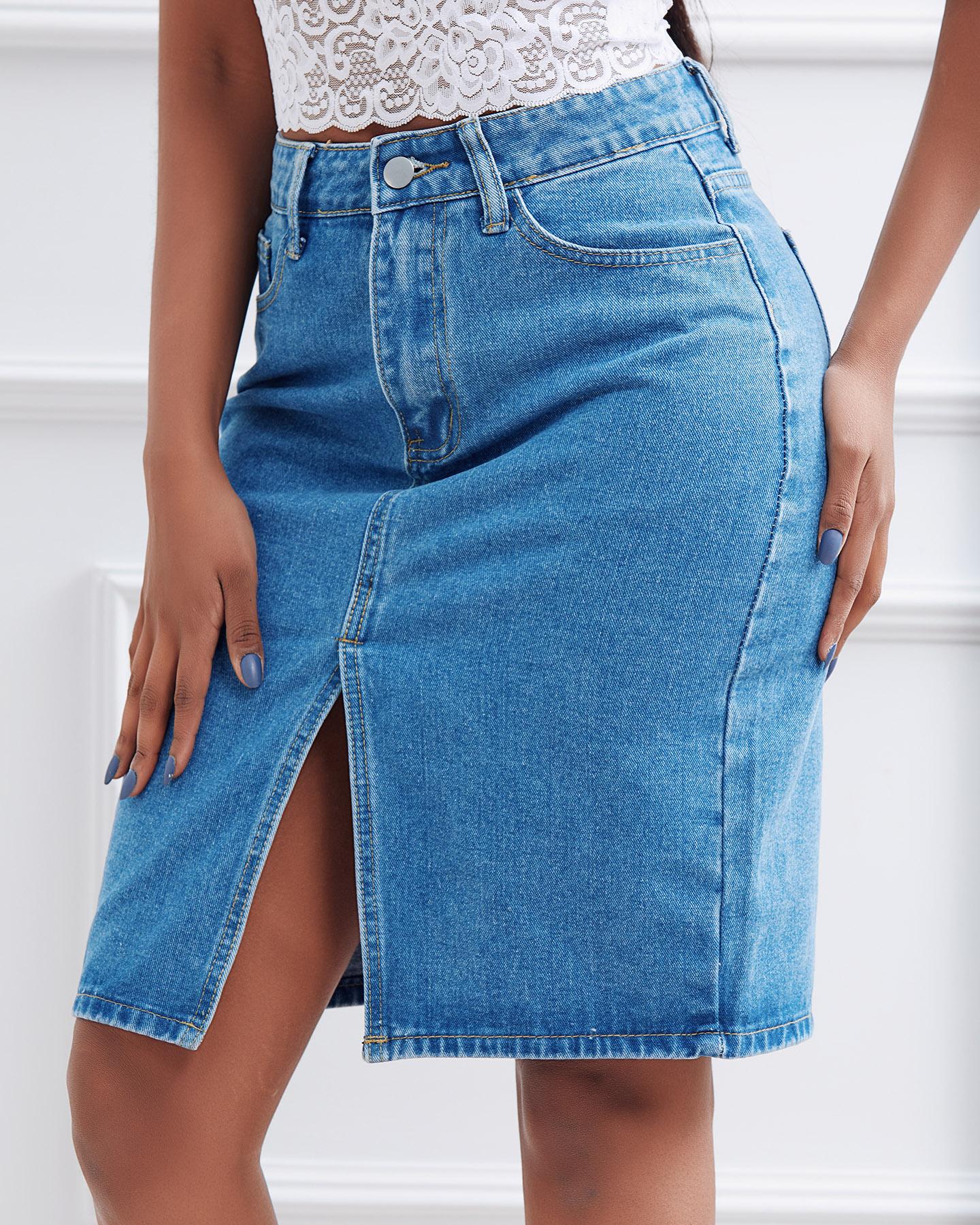 

High Waist Single Button Slit Denim Skirt, Blue