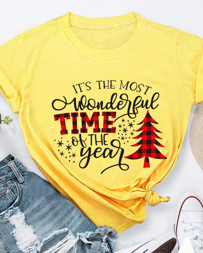 

Christmas Letter Tree Print Short Sleeve T-shirt, Yellow