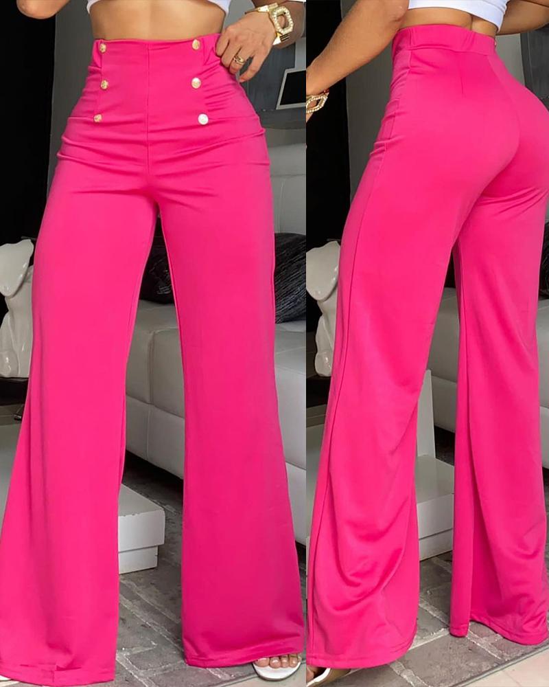 

Button Decor High Waist Wide Leg Pants, Hot pink