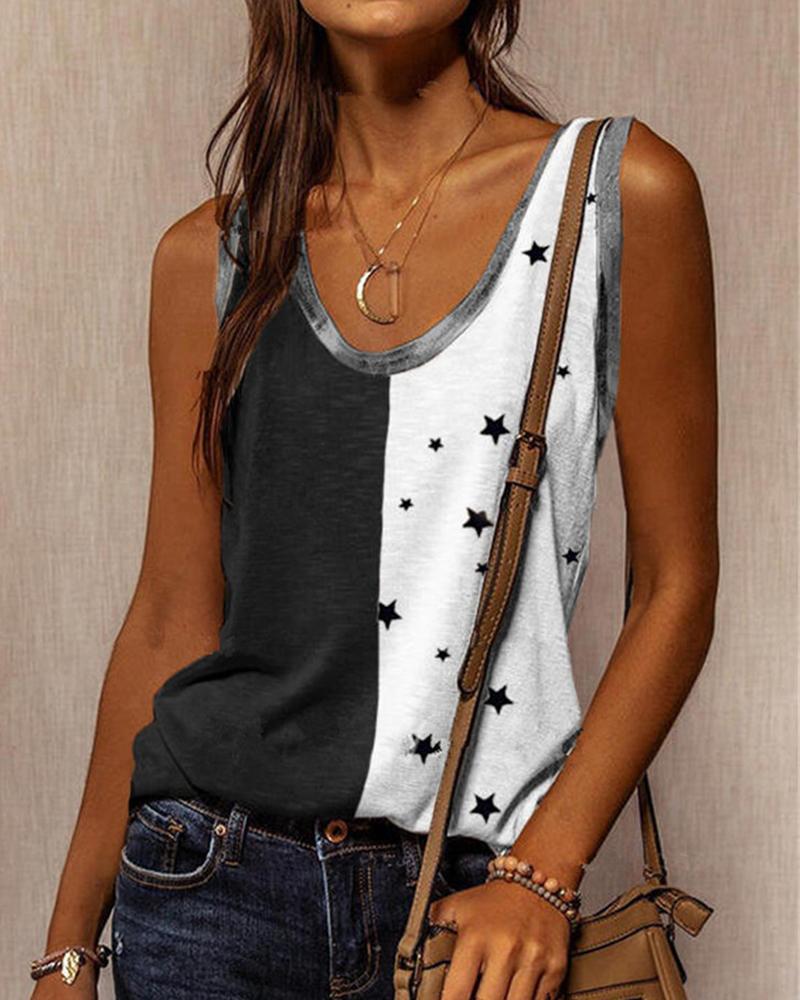 

Color Block Splicing Star Print Sleeveless Tank Top, Black
