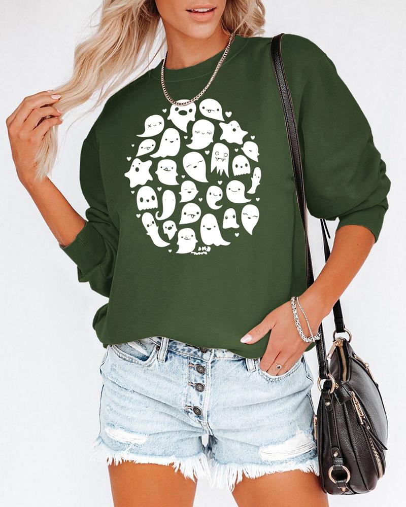 

Halloween Graphic Print Long Sleeve Sweatshirt, Green