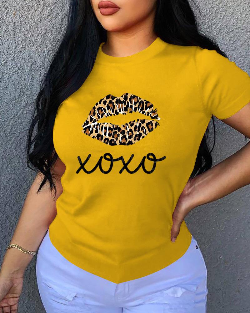 

Lip / Letter / Leopard Print O Neck T-Shirt, Yellow