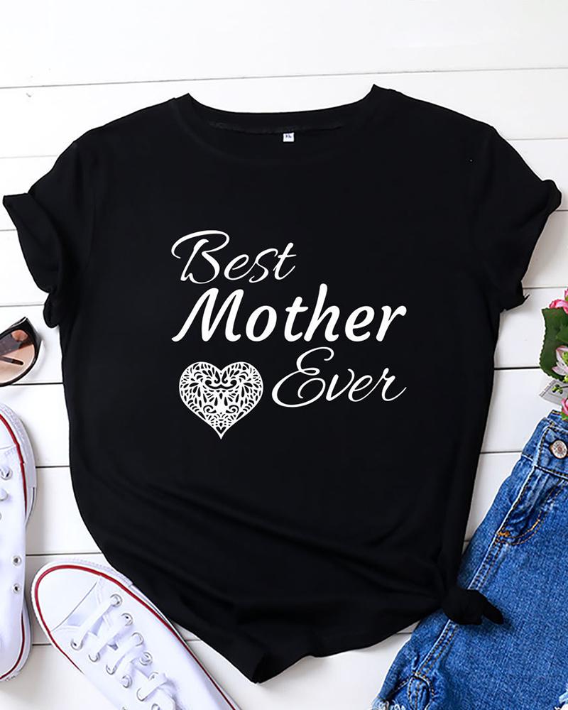 

Mother' Day Short Sleeve Letter Heart Print T-shirt, Black