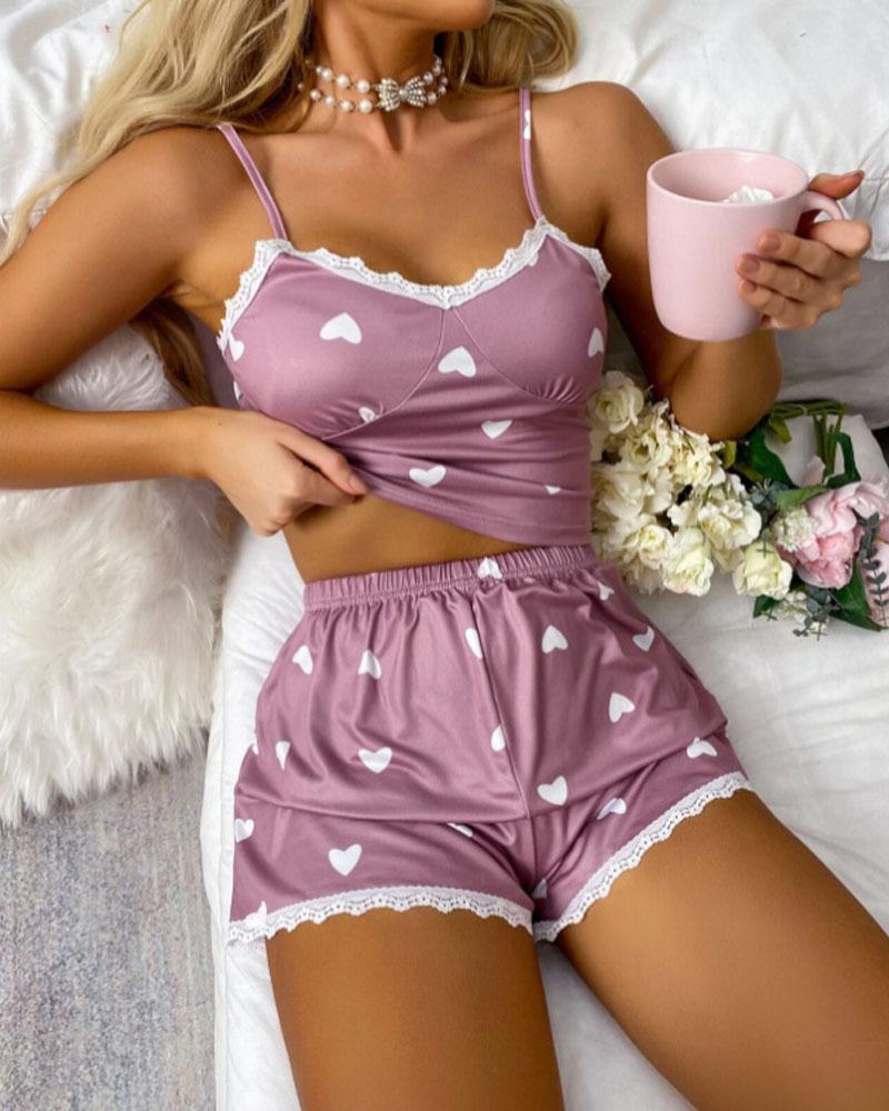 

Heart Print Lace Trim Cami Set, Light pink