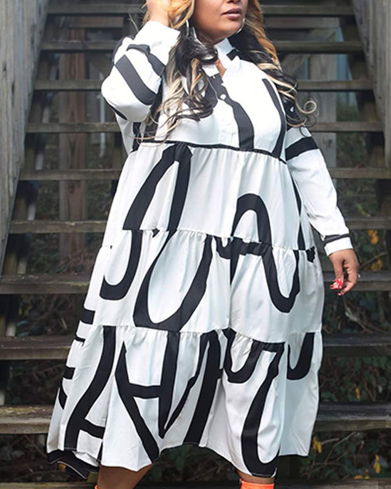 

Plus Size Abstract Print Long Sleeve Shirt Dress, Blackwhite