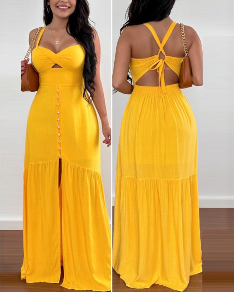 

Crisscross Backless Split Thigh Twisted Maxi Dress, Yellow