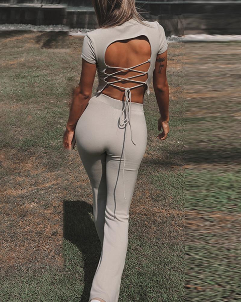 

Backless Lace-up Crop Top & High Waist Skinny Pants Set, Apricot