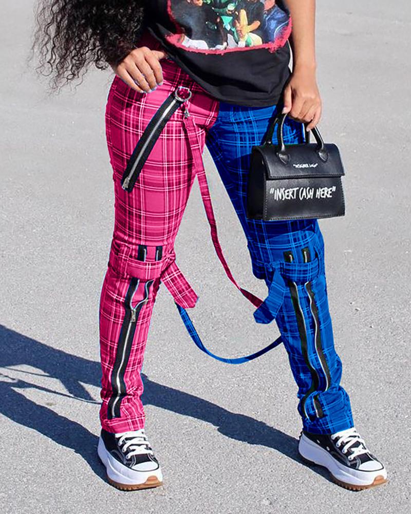 

Plaid Zipper Design Pockets Pants, Hot pink