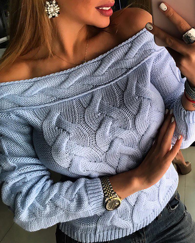 

Off Shoulder Braided Knitted Casual Sweater, Light blue