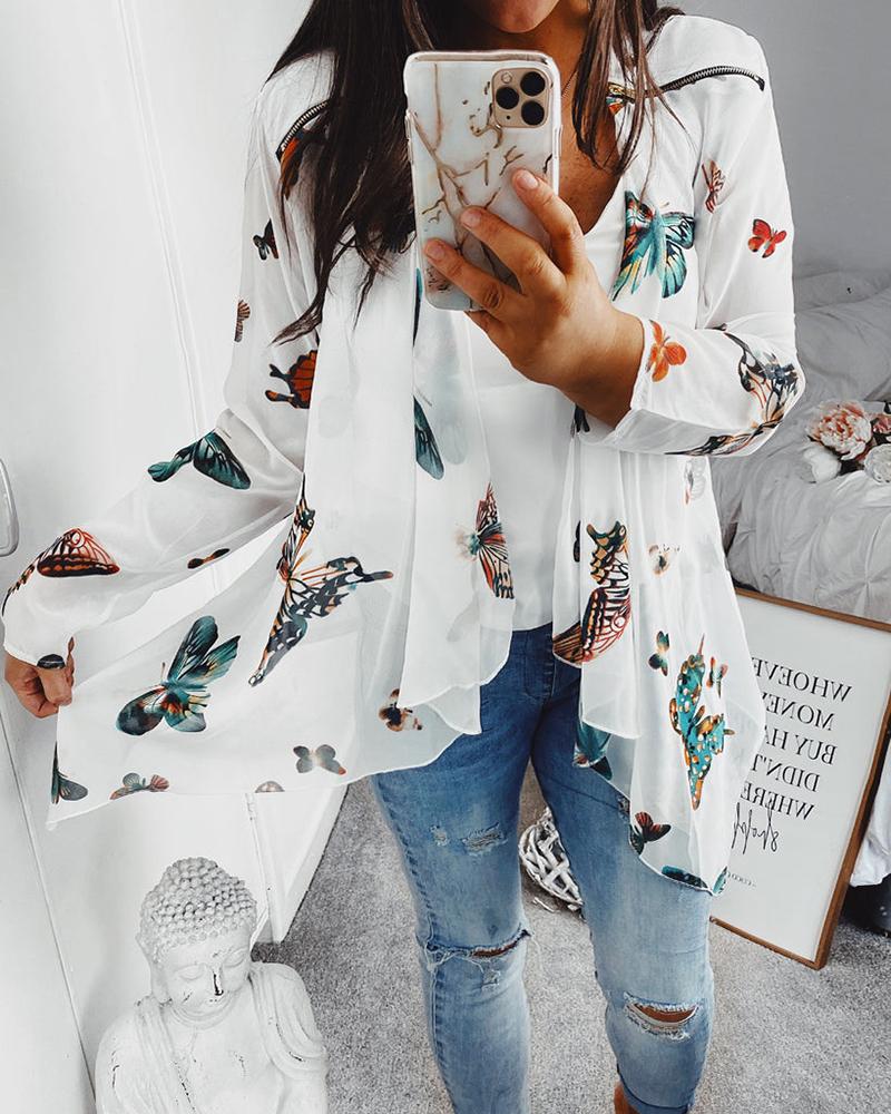 

Butterfly Print Asymmetrical Hem Top, White