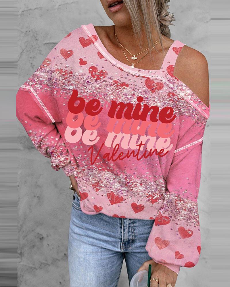 

Valentine' Day Heart Letter Print Lantern Sleeve Top, Pink