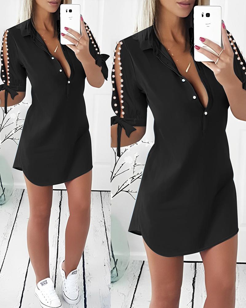 

Split Sleeve Pearls Decor Shirt Dress, Black