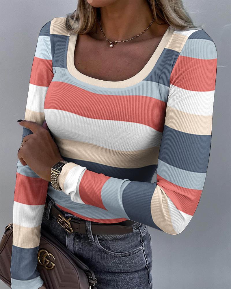 

Colorblock Striped Print Long Sleeve Ribbed Top, Multicolor