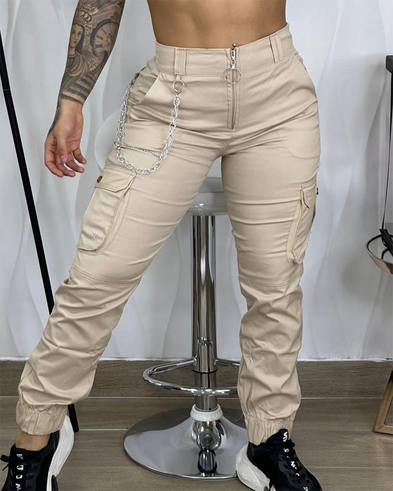 

Zip Fly Pocket Detail Cargo Pants, Apricot