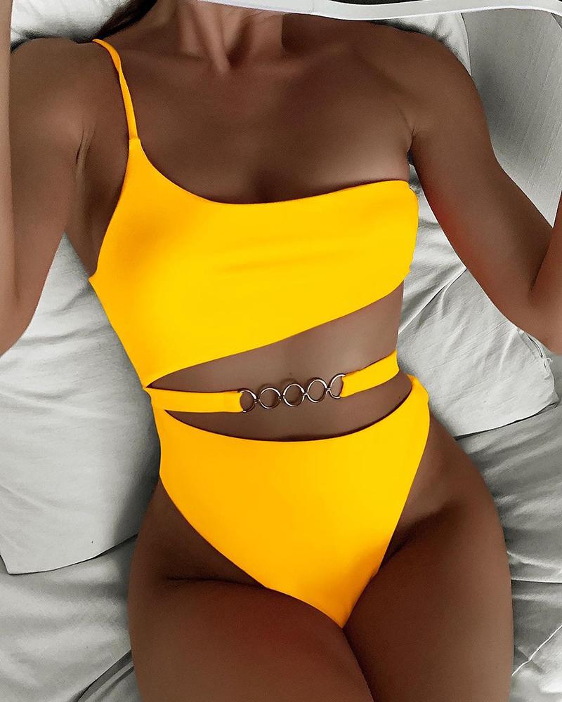 

One Shoulder Multi O-Ring Cutout One Pice Swimsuit, Yellow