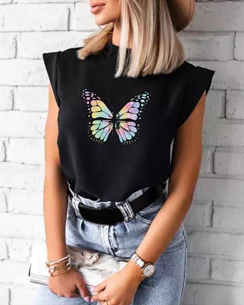 

Butterfly Print Short Sleeve Casual T-shirt, Black