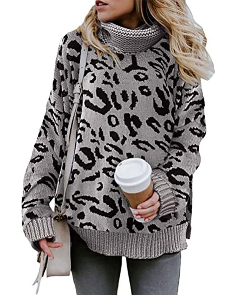 

Knit Leopard Print High Neck Long Sleeve Sweater, Gray