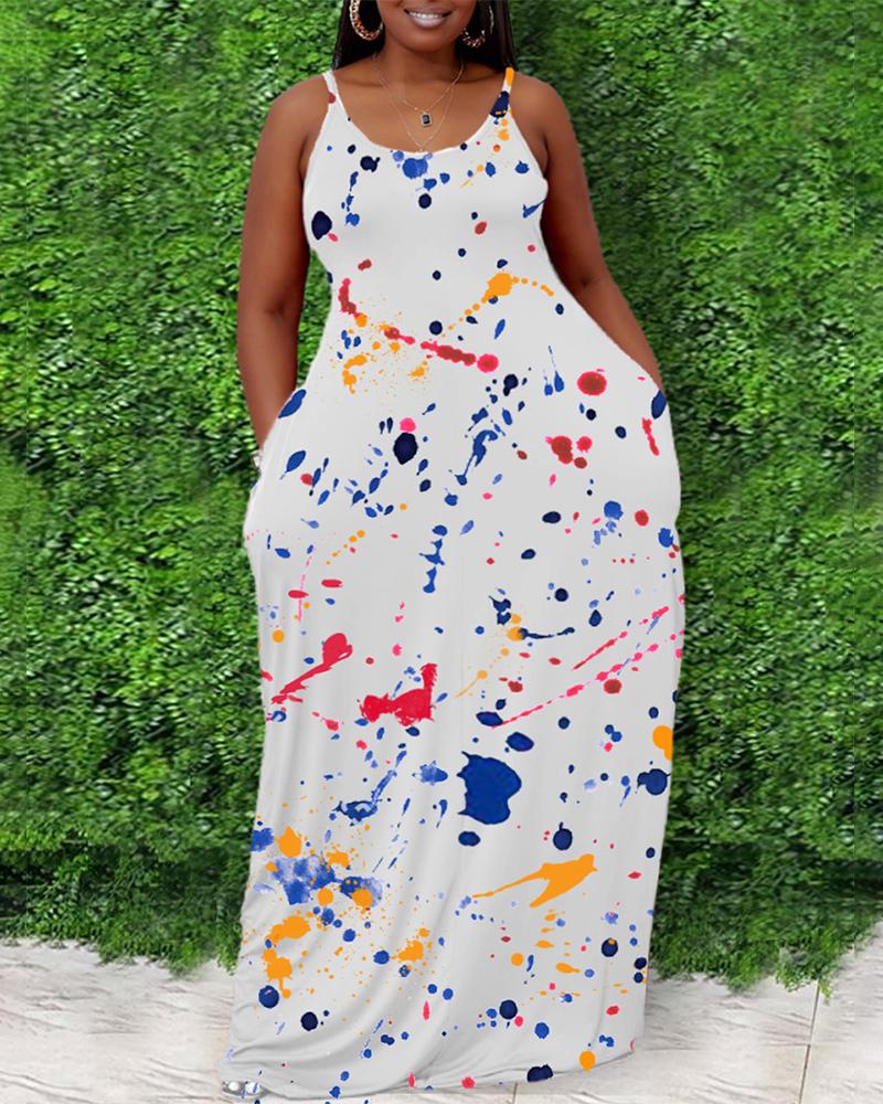 

Splash Ink Multicolor Printing Strap Loose Long Dress, White