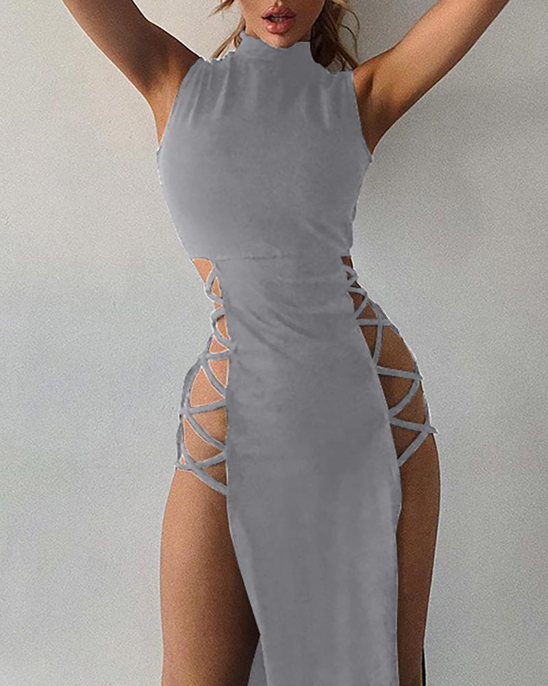

Casual Dress Sleeveless High Slit Summer Beach Maxi Dresses, Gray