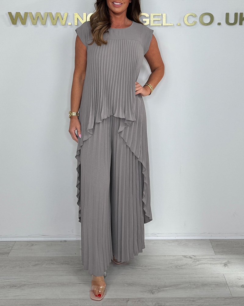 

2 Pieces Outfit Pleated Sleeveless Asymmetrical Top and Casual Wide Leg Pants Set, Gray