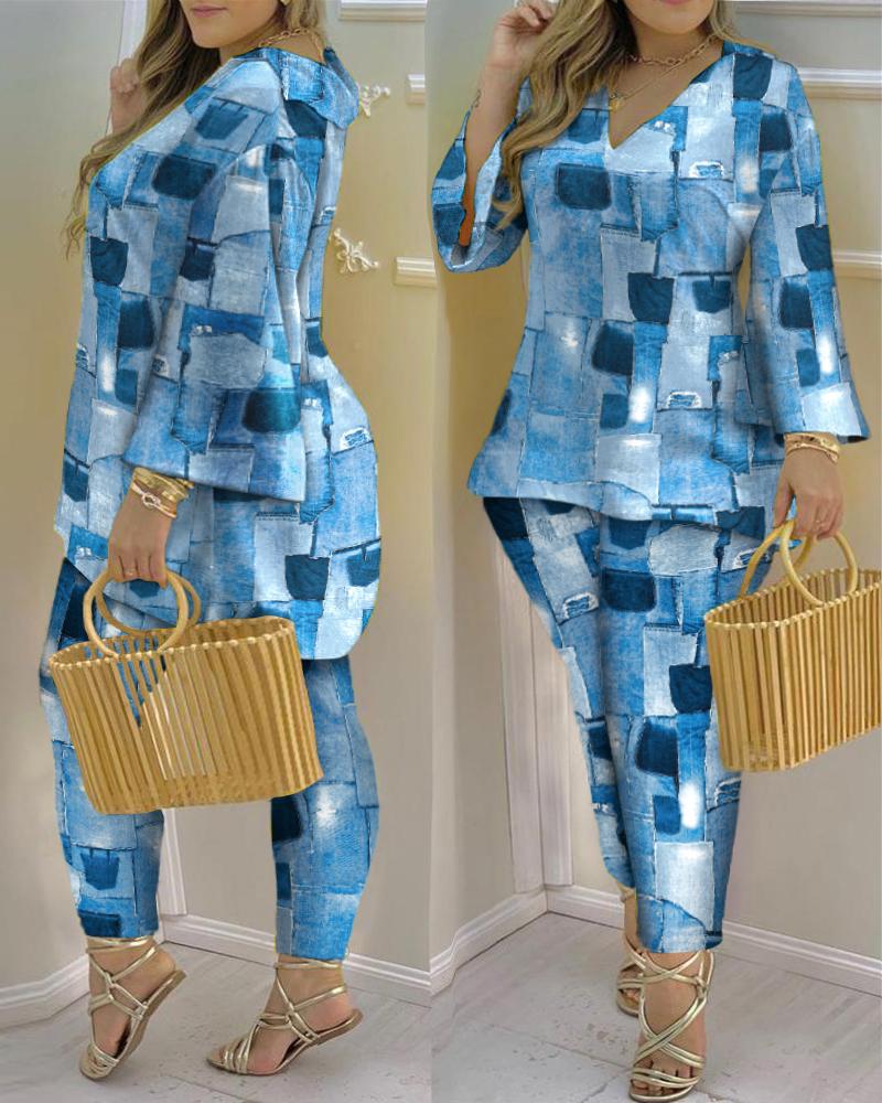 

Plus Size Denim Look Print Bell Sleeve Top & Pants Set, Blue