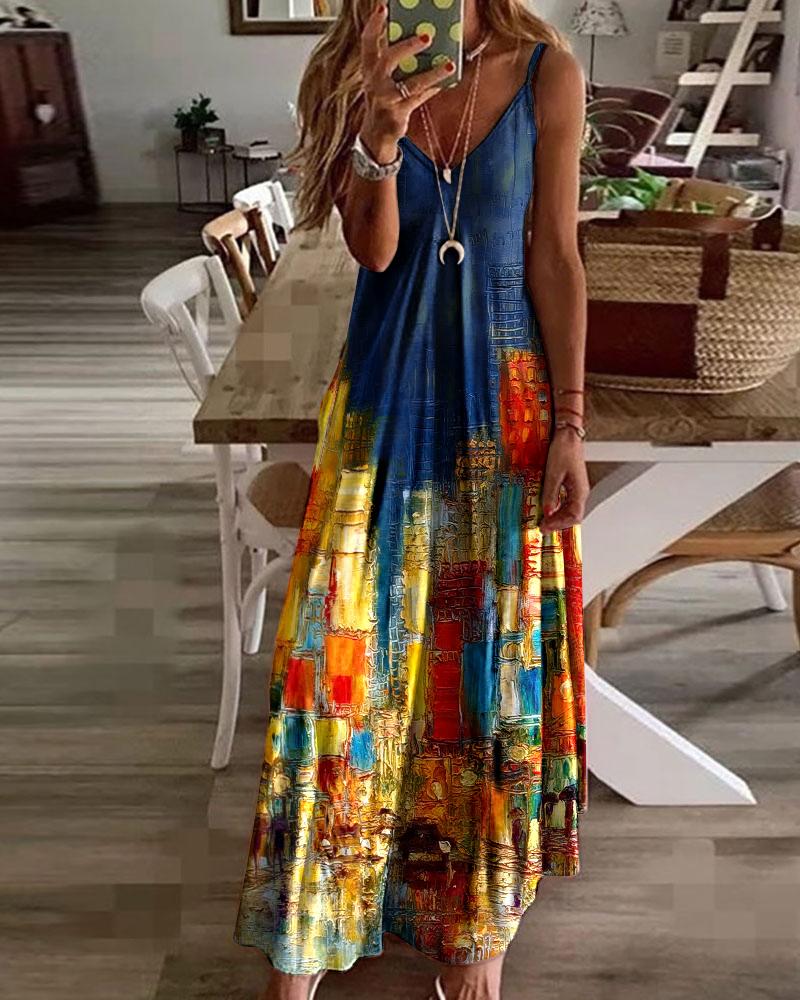 

Landscape Print Spaghetti Strap Casual Dress, Multicolor